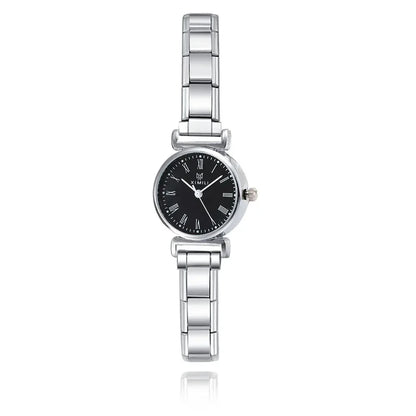 Small Round Silver Watch with Roman Numeral Dial — Dainty Italian Charm Watch Bracelet