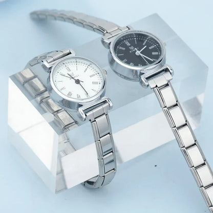 Small Round Silver Watch with Roman Numeral Dial — Dainty Italian Charm Watch Bracelet