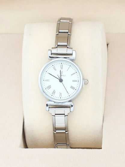 Small Round Silver Watch with Roman Numeral Dial — Dainty Italian Charm Watch Bracelet