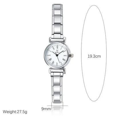 Small Round Silver Watch with Roman Numeral Dial — Dainty Italian Charm Watch Bracelet