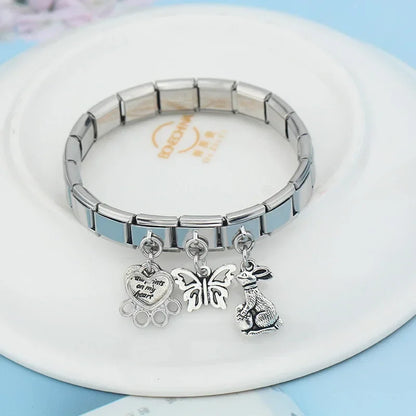 Vintage Silver Friendship & Animal Dangle Italian Charms — Butterfly, Bunny, Paw & Friends Heart Links
