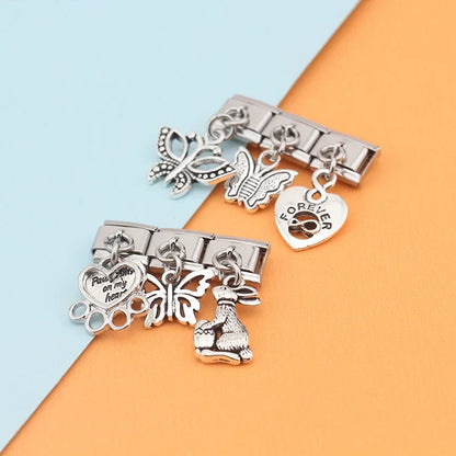 Vintage Silver Friendship & Animal Dangle Italian Charms — Butterfly, Bunny, Paw & Friends Heart Links