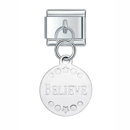 Silver Engraved Message & Animal Dangle Italian Charms — Love Message, Cherry, Yin-Yang & Animal Links