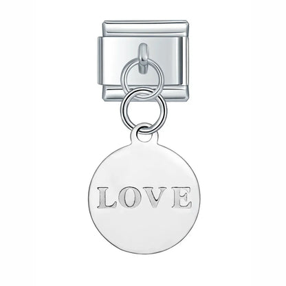 Silver Engraved Message & Animal Dangle Italian Charms — Love Message, Cherry, Yin-Yang & Animal Links