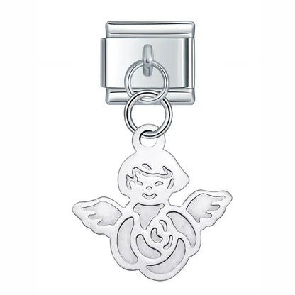 Silver Engraved Message & Animal Dangle Italian Charms — Love Message, Cherry, Yin-Yang & Animal Links