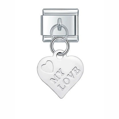 Silver Engraved Message & Animal Dangle Italian Charms — Love Message, Cherry, Yin-Yang & Animal Links