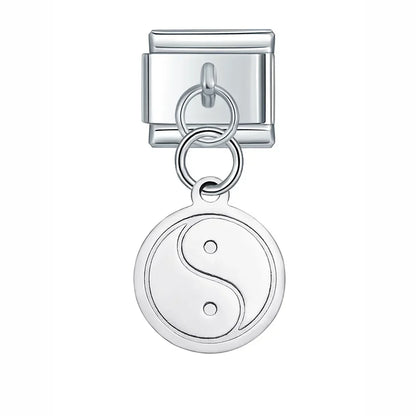 Silver Engraved Message & Animal Dangle Italian Charms — Love Message, Cherry, Yin-Yang & Animal Links
