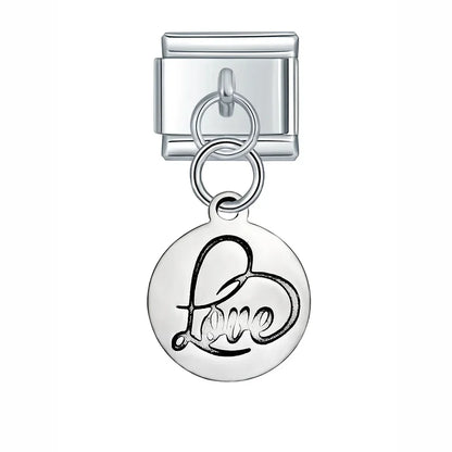 Silver Engraved Message & Animal Dangle Italian Charms — Love Message, Cherry, Yin-Yang & Animal Links