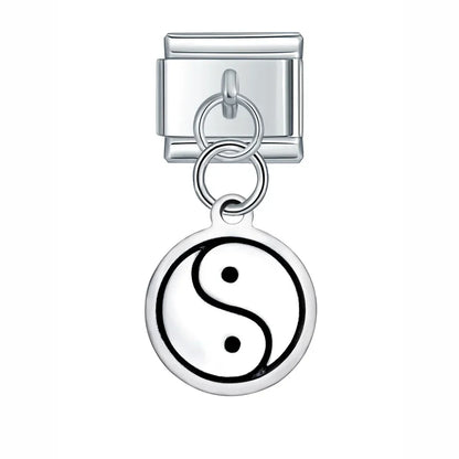 Silver Engraved Message & Animal Dangle Italian Charms — Love Message, Cherry, Yin-Yang & Animal Links
