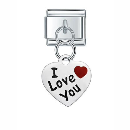Silver Engraved Message & Animal Dangle Italian Charms — Love Message, Cherry, Yin-Yang & Animal Links