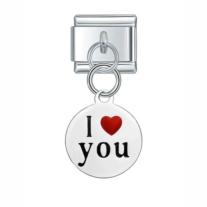 Silver Engraved Message & Animal Dangle Italian Charms — Love Message, Cherry, Yin-Yang & Animal Links