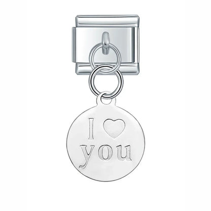 Silver Engraved Message & Animal Dangle Italian Charms — Love Message, Cherry, Yin-Yang & Animal Links