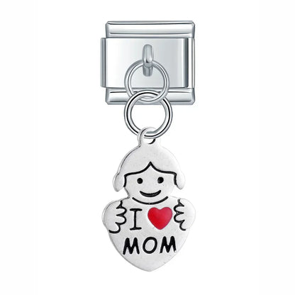 Silver Engraved Message & Animal Dangle Italian Charms — Love Message, Cherry, Yin-Yang & Animal Links