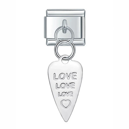Silver Engraved Message & Animal Dangle Italian Charms — Love Message, Cherry, Yin-Yang & Animal Links