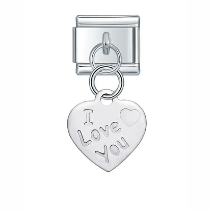 Silver Engraved Message & Animal Dangle Italian Charms — Love Message, Cherry, Yin-Yang & Animal Links