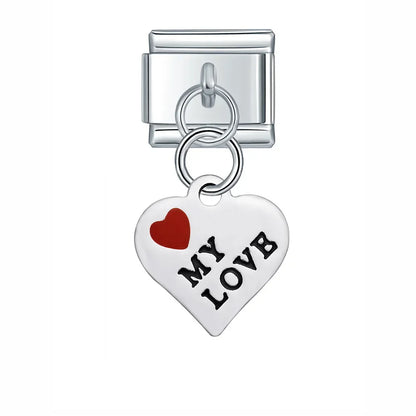 Silver Engraved Message & Animal Dangle Italian Charms — Love Message, Cherry, Yin-Yang & Animal Links