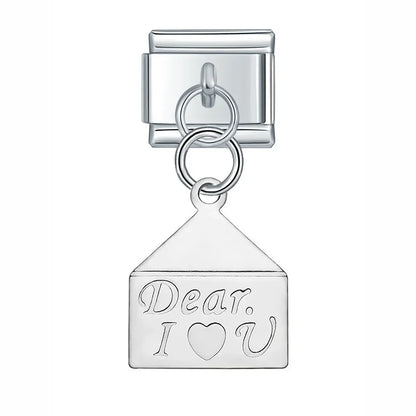 Silver Engraved Message & Animal Dangle Italian Charms — Love Message, Cherry, Yin-Yang & Animal Links