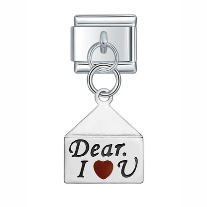Silver Engraved Message & Animal Dangle Italian Charms — Love Message, Cherry, Yin-Yang & Animal Links