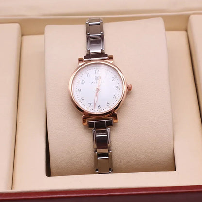 Elegant Two-Tone Rose Gold Watch with Classic Numerals — Rose Gold Italian Charm Watch Bracelet