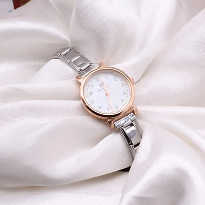 Elegant Two-Tone Rose Gold Watch with Classic Numerals — Rose Gold Italian Charm Watch Bracelet