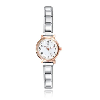 Elegant Two-Tone Rose Gold Watch with Classic Numerals — Rose Gold Italian Charm Watch Bracelet