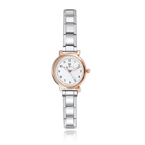 Elegant Two-Tone Rose Gold Watch with Classic Numerals — Rose Gold Italian Charm Watch Bracelet