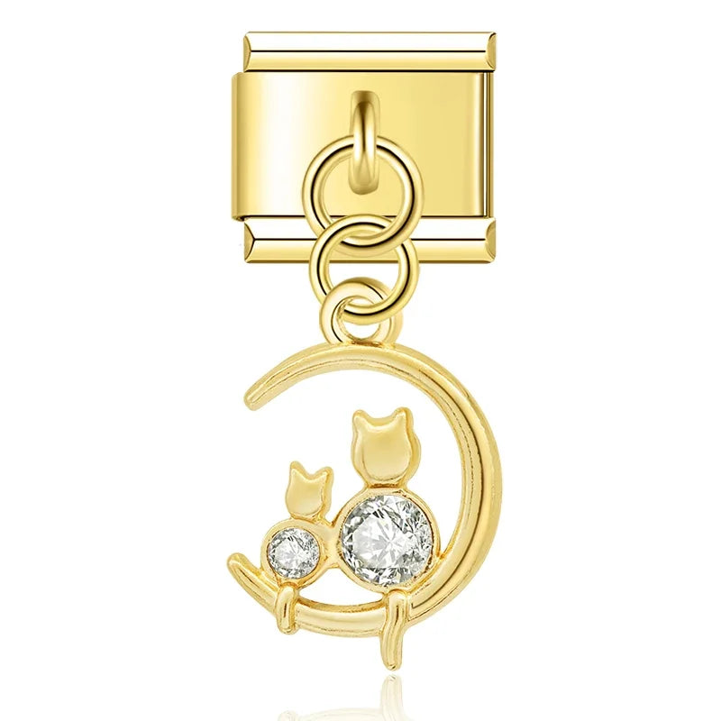 Pearl Crown & Whimsical Motif Dangle Charm silver&gold