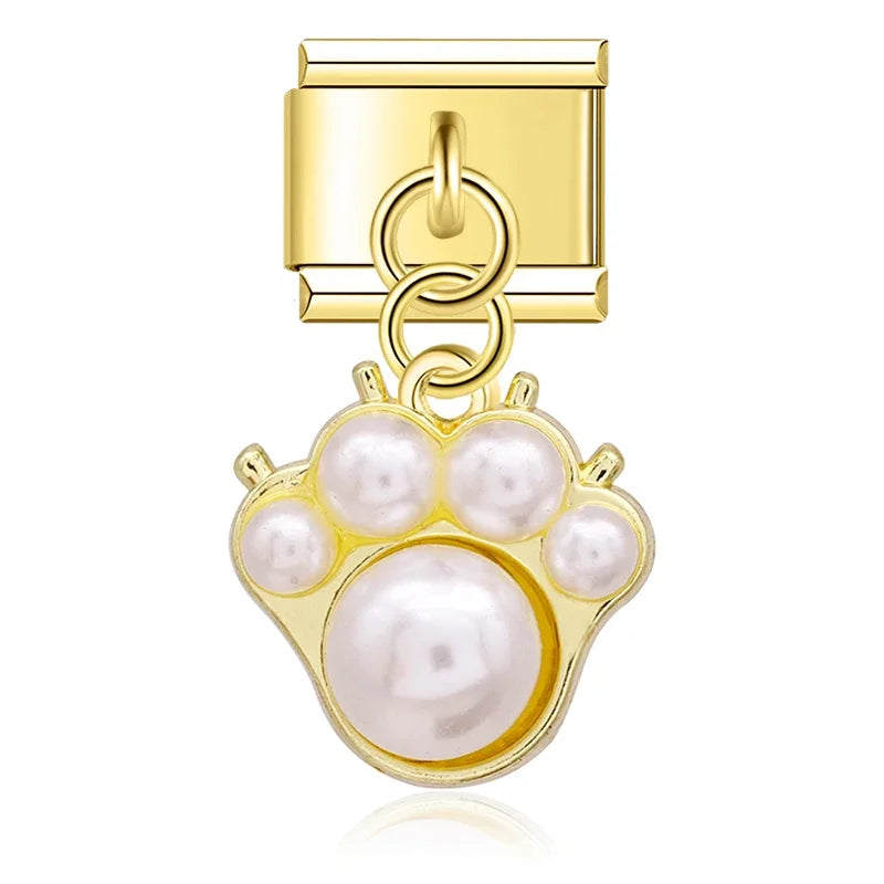 Pearl Crown & Whimsical Motif Dangle Charm silver&gold