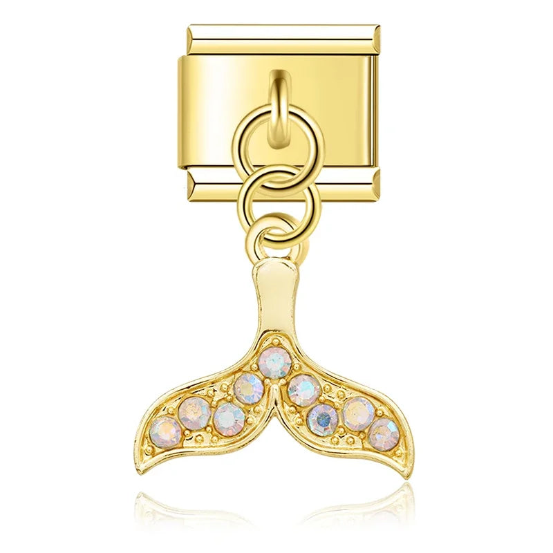 Pearl Crown & Whimsical Motif Dangle Charm silver&gold