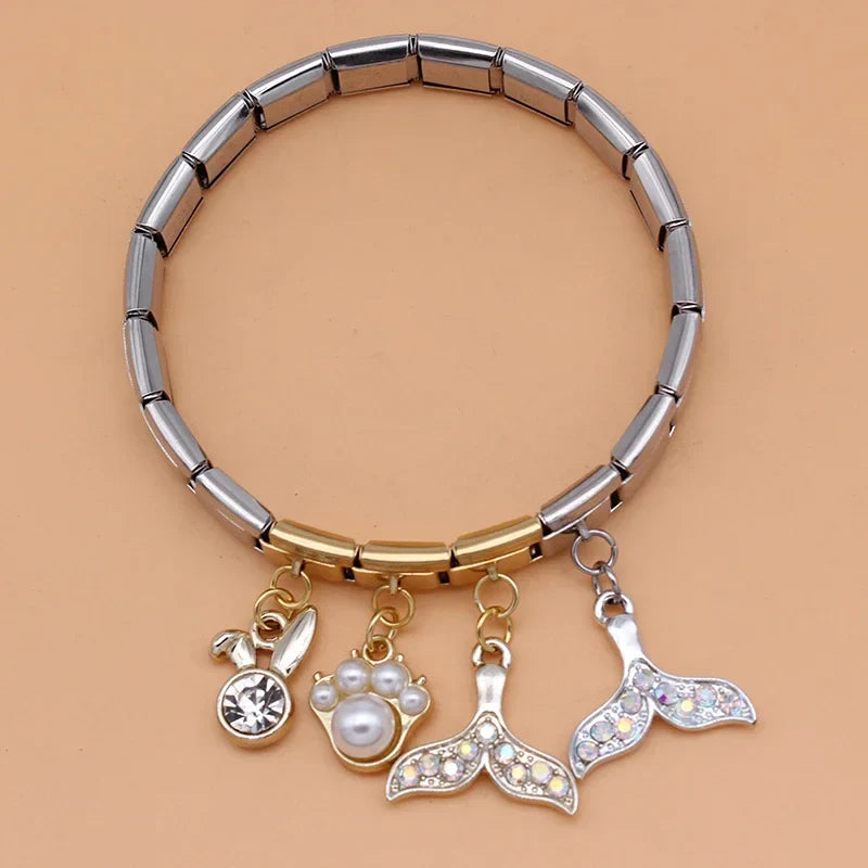 Pearl Crown & Whimsical Motif Dangle Charm silver&gold
