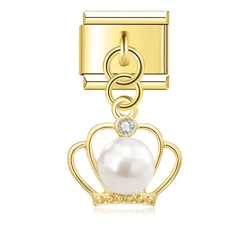 Pearl Crown & Whimsical Motif Dangle Charm silver&gold