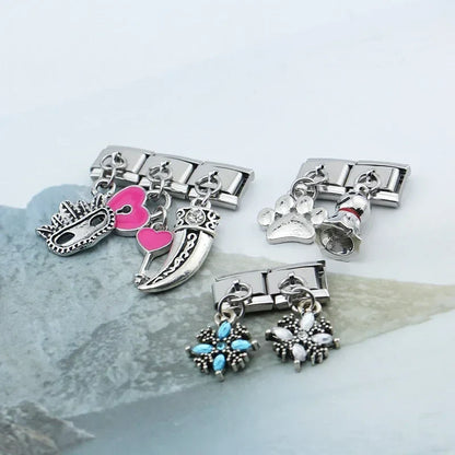 Pink Heart, Key, Flower & Mask Silver Dangle Italian Charms — Paw, Snowflake & Heart Key Links
