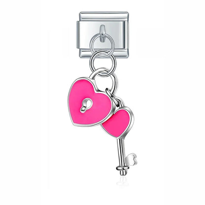 Pink Heart, Key, Flower & Mask Silver Dangle Italian Charms — Paw, Snowflake & Heart Key Links