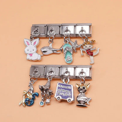 Rabbit, Bus, Dog, Mermaid, Girl & Shark Dangle Italian Charms — Fun Character Dangle Links