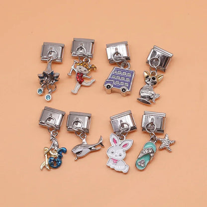 Rabbit, Bus, Dog, Mermaid, Girl & Shark Dangle Italian Charms — Fun Character Dangle Links