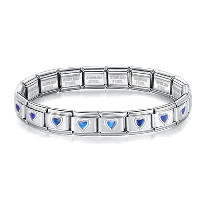 Silver & Blue Italian Charm Bracelet — Heart, Round Star Enamel Design