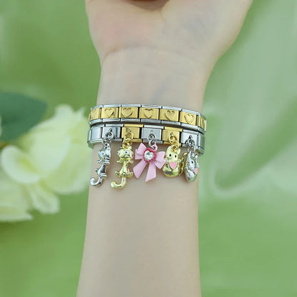 Colourful Girly Cat & Bowknot Dangle Italian Charms — Cat, Crystal Bow & Kawaii Animal Links