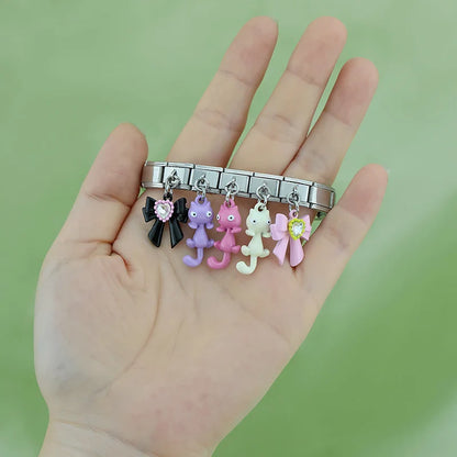 Colourful Girly Cat & Bowknot Dangle Italian Charms — Cat, Crystal Bow & Kawaii Animal Links