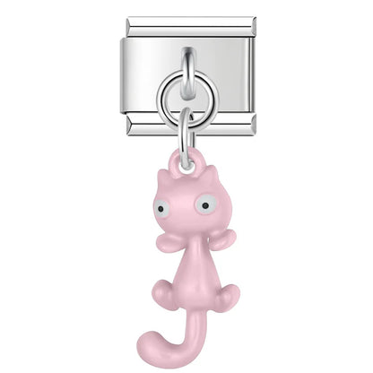 Colourful Girly Cat & Bowknot Dangle Italian Charms — Cat, Crystal Bow & Kawaii Animal Links