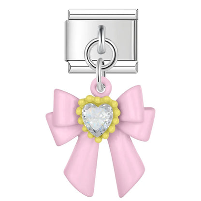 Colourful Girly Cat & Bowknot Dangle Italian Charms — Cat, Crystal Bow & Kawaii Animal Links