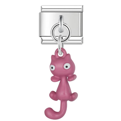 Colourful Girly Cat & Bowknot Dangle Italian Charms — Cat, Crystal Bow & Kawaii Animal Links