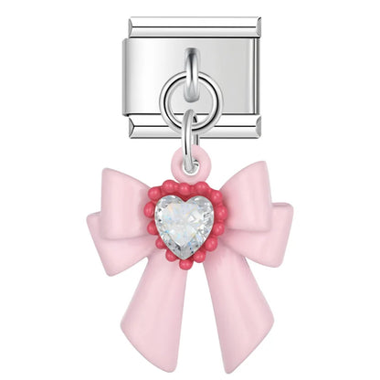 Colourful Girly Cat & Bowknot Dangle Italian Charms — Cat, Crystal Bow & Kawaii Animal Links