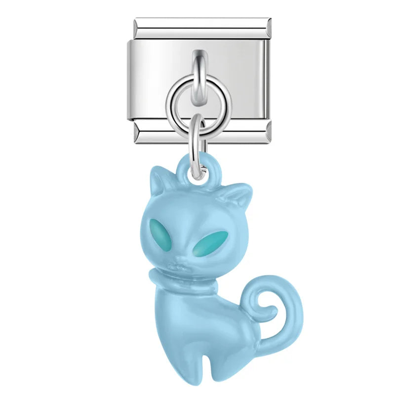 colorful Cat Dangle Charm in Silver