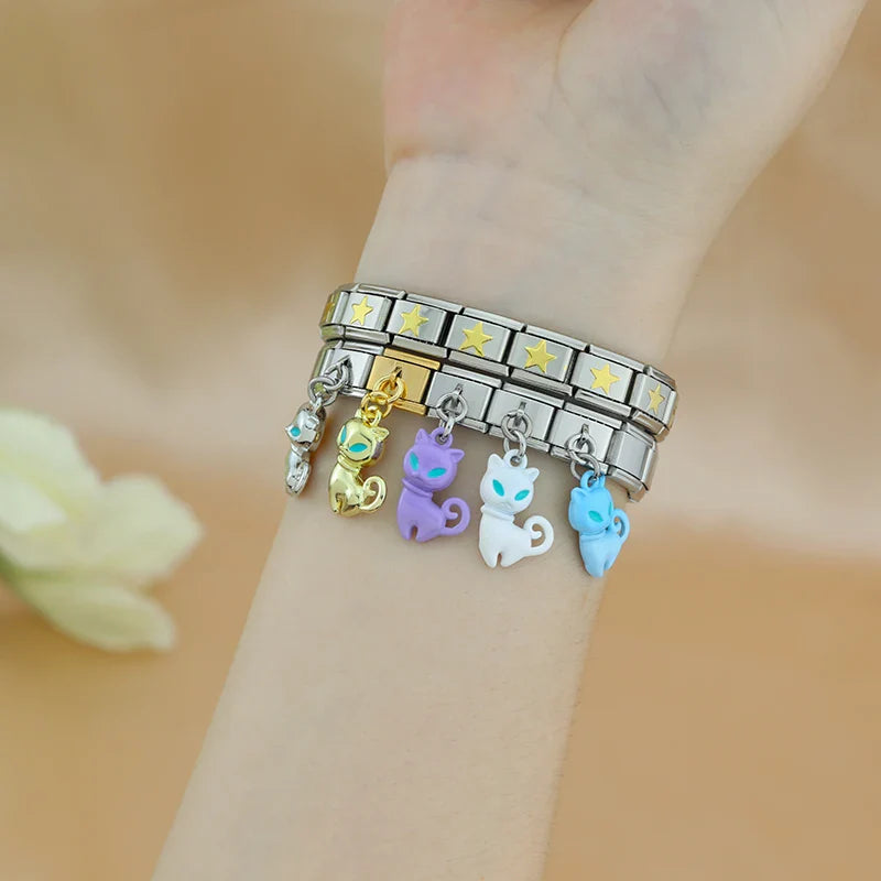 colorful Cat Dangle Charm in Silver