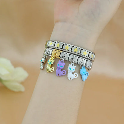 colorful Cat Dangle Charm in Silver