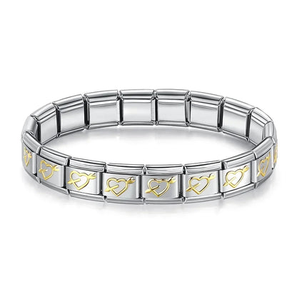 Silver & Gold Heart Italian Charm Bracelet — Repeating Gold Heart Link Design