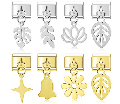 The Flower, Cross, Leaf & Bell Dangle Charm in Silver