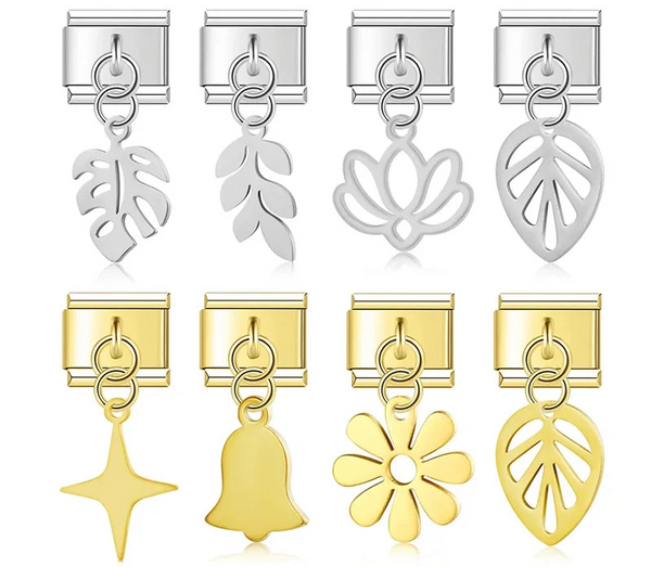 The Flower, Cross, Leaf & Bell Dangle Charm in Silver