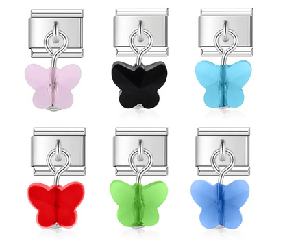 Pretty Colourful Crystal Butterfly Dangle Italian Charms — Pink, Black, Teal & Red Resin Butterfly Links