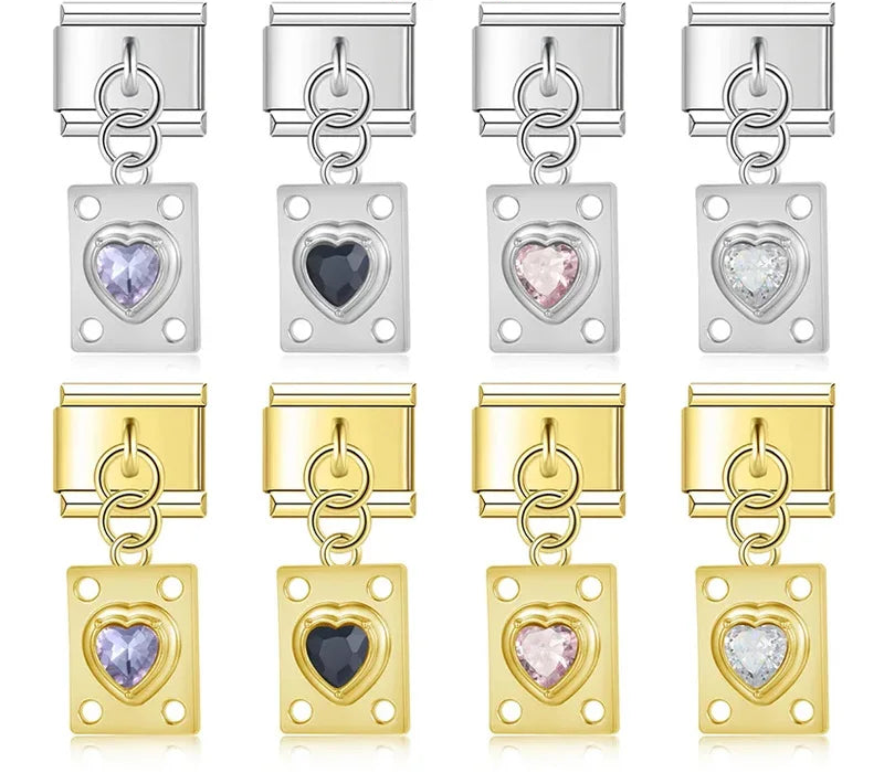 Vintage Jeweled Heart Plaque Dangle Charm silver&gold